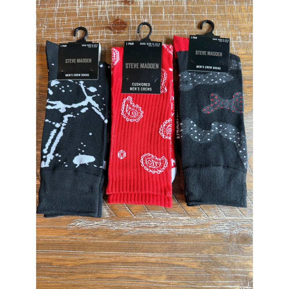 NWT Steve‎ Madden Mens Crew Socks 3 LOT Paisley Splatter Camo 6-12.5 Streetwear